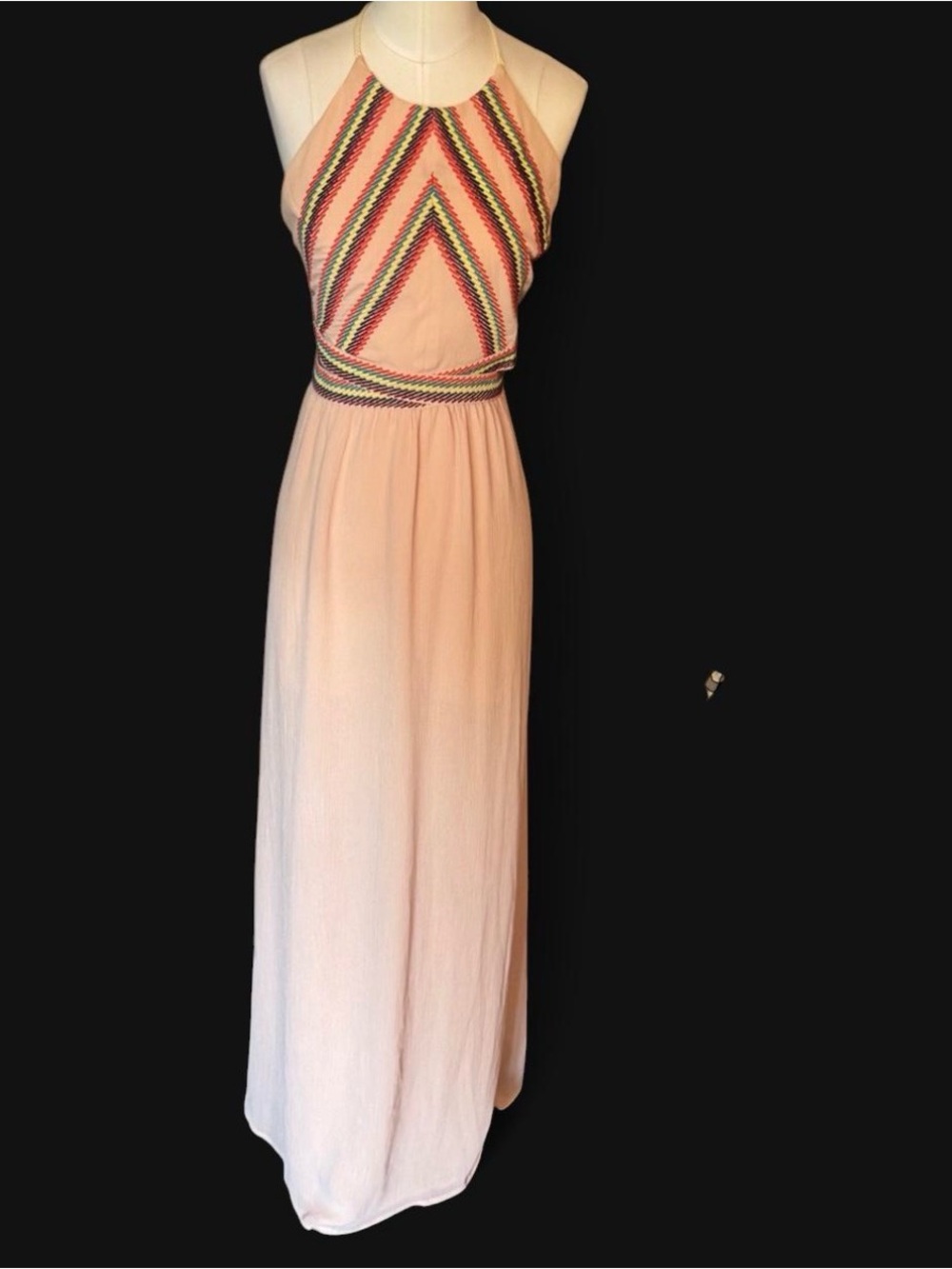 Lulumari Blush Pink Halter Maxi Dress with Multicolor Chevron Trim